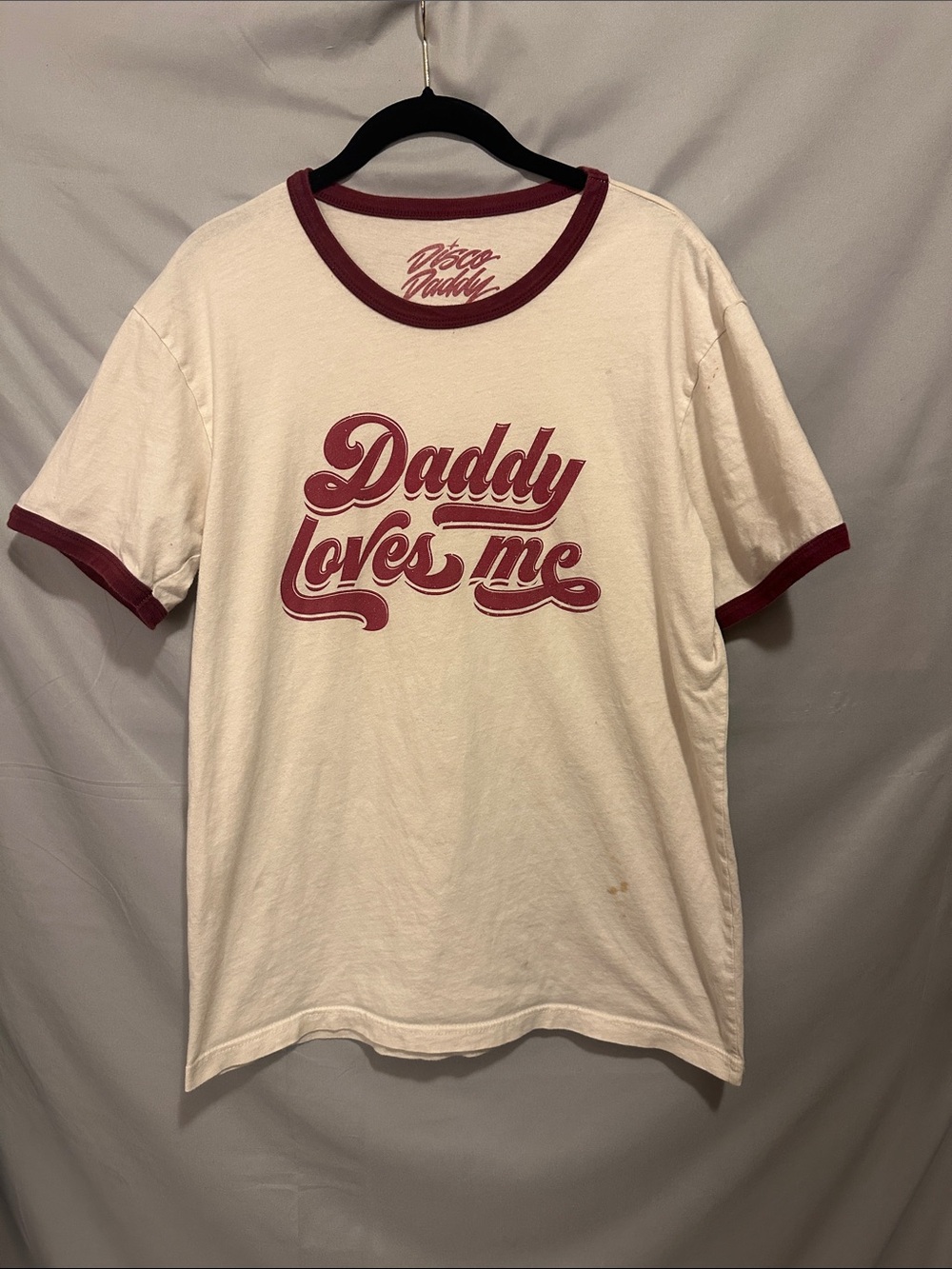 White Ringer Tee with Maroon Script - 'Daddy Loves Me'